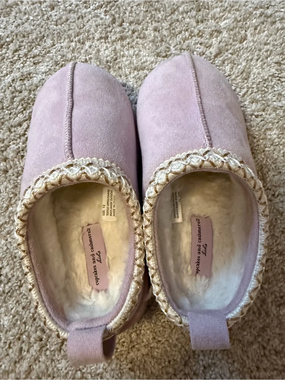 Kids Cozy Slip-On Slippers in Light Pink with Gold Trim